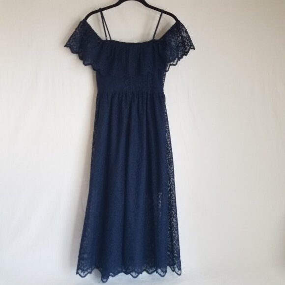 H&M Lace Off Shoulder Midi Dress Navy Blue SIZE 4 Spaghetti Strap Elastic - Picture 2 of 16